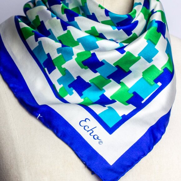 Echo Silk Scarf Square | Retro Style Bandana Scarf | Aqua Monochromatic - Picture 1 of 10
